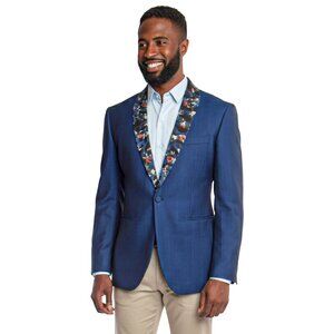 Tazio Mens Jacket Blazer w/ Floral Patterned Shawl Collar, Blue